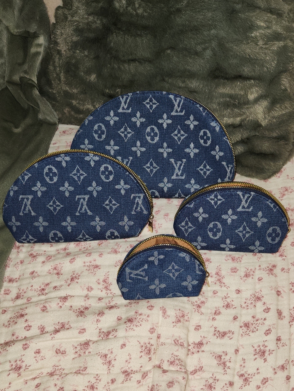 Designer-Inspired Denim Monogram Cosmetic/Travel Pouch Set in Denim